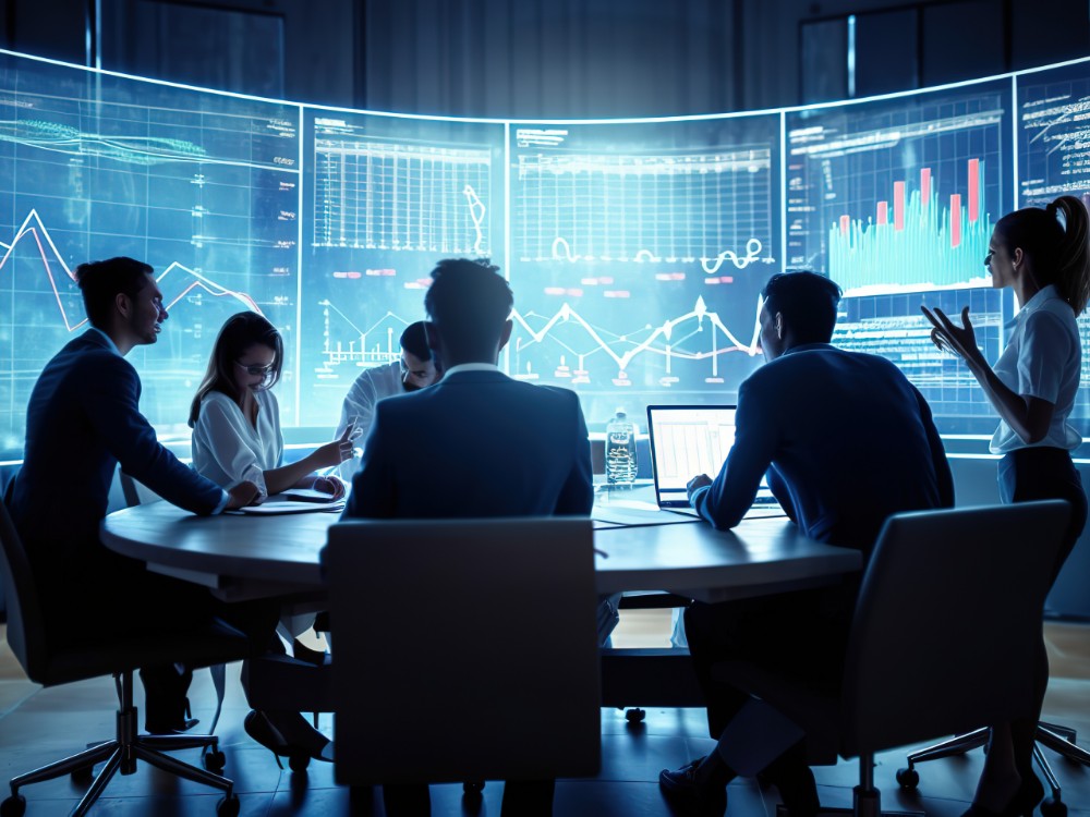 Business professionals analyzing economic data and growth reports, representing Vijayapura's evolving local economy