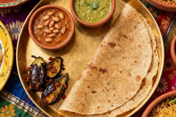 Flavours of Legacy: Vijayapura’s Traditional Food as Living Cultural Heritage North Karnataka thali with authentic Jowar roti, shenga chutney, yennegai (brinjal), beans curry, green chutney, and Vijayapura biryani.