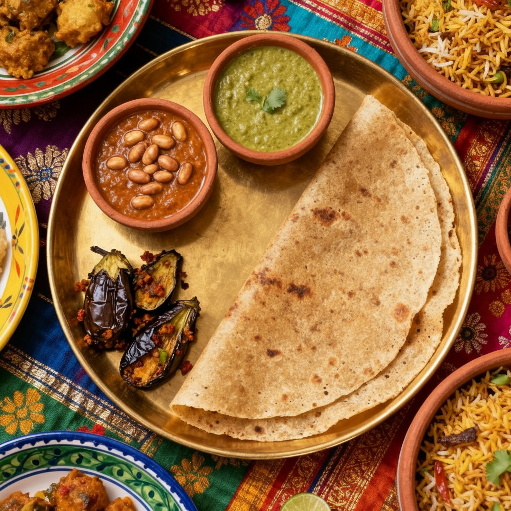 North Karnataka thali with authentic Jowar roti, shenga chutney, yennegai (brinjal), beans curry, green chutney, and Vijayapura biryani.