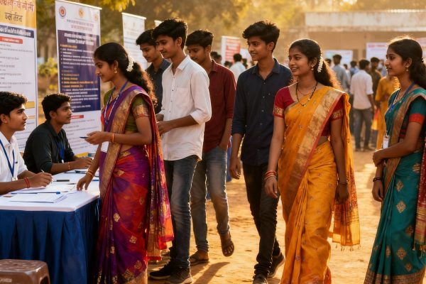 Jobs and Employment Trends in Vijayapura Young adults at a community job fair in Vijayapura, representing employment opportunities and skill development.