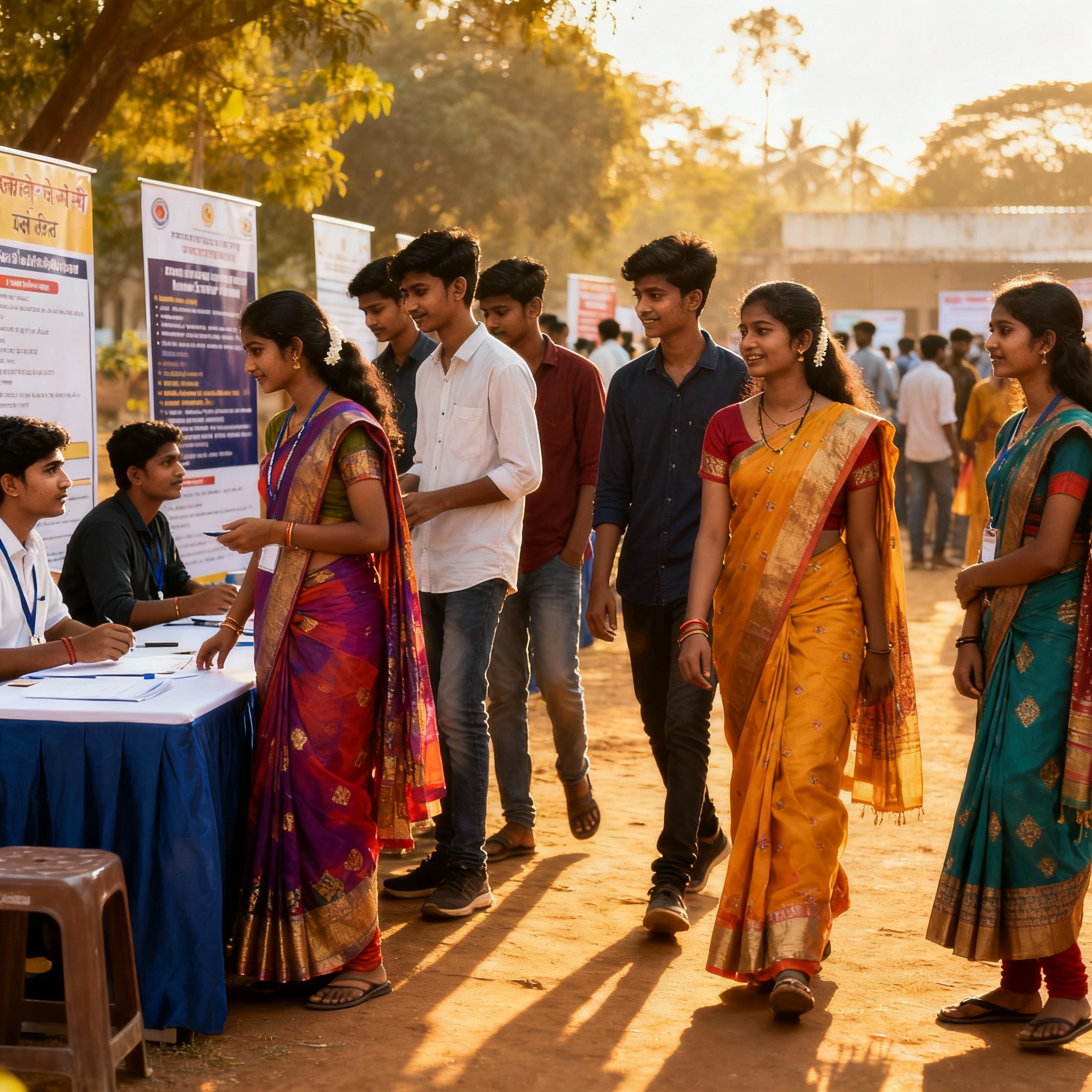 Young adults at a community job fair in Vijayapura, representing employment opportunities and skill development.